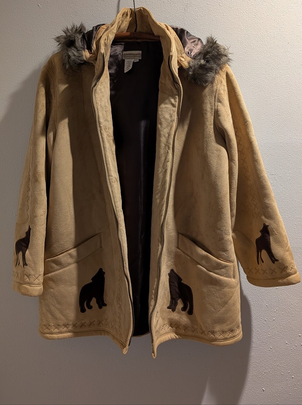 Coldwater Creek Wolf Coat Jacket Tan Faux Suede Lined Full Zip Fur Hooded
